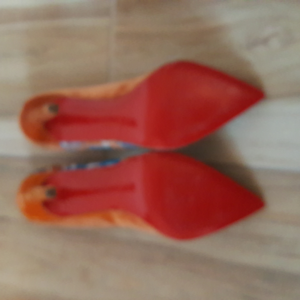 Christian Louboutin Orange and Blue Suede Pointed-Toe Pumps - Picture 3 of 9